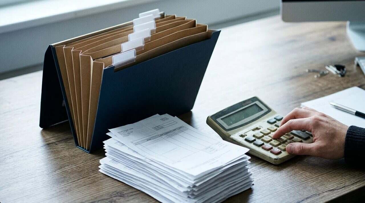 An accordion file folder, a stack of invoices and a calculator on a desk