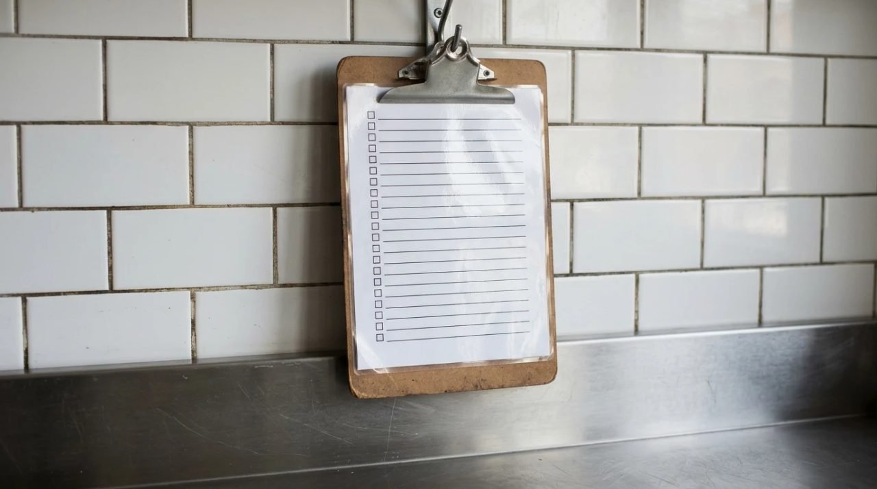 Blank laminated station checklist on a clipboard above a prep counter
