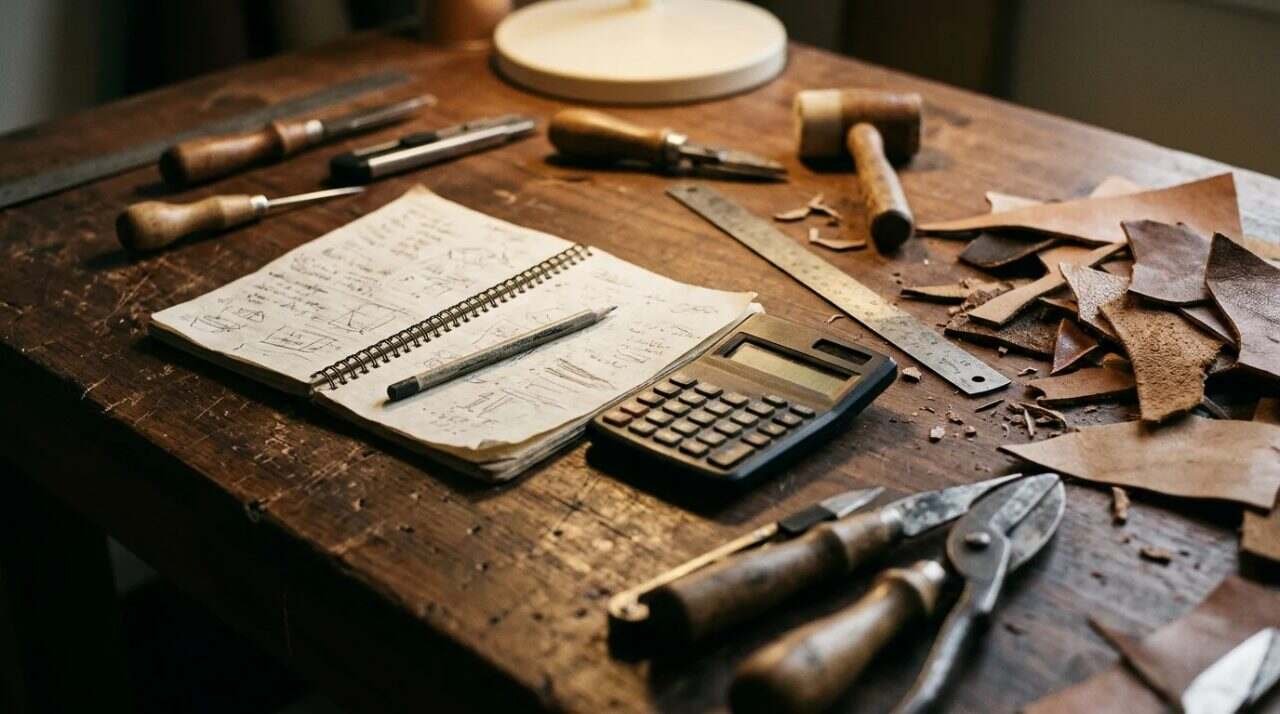 Calculator, notebook and hand tools on a workbench where a maker works out costs
