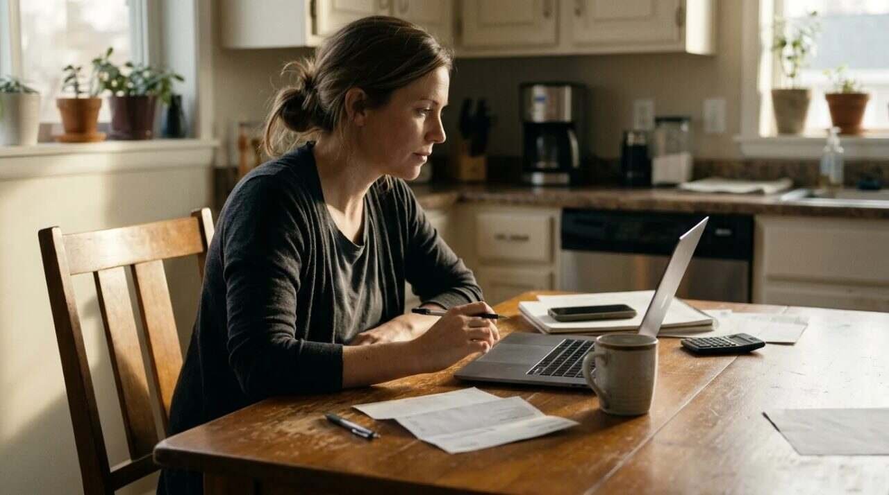 Owner at a desk with a laptop and pen