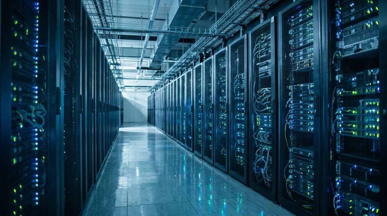 An aisle of server racks in a data center with blue and green status lights
