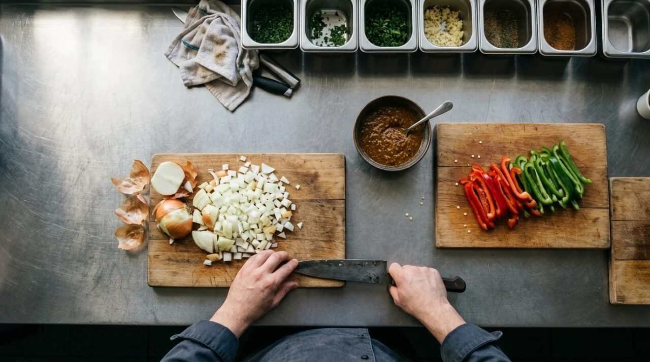 Diced onions, sliced peppers and sauce prepared on a stainless steel kitchen counter