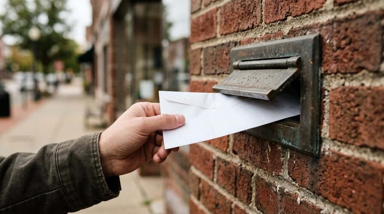 A hand sliding a white envelope into a mailbox on a small-town street.