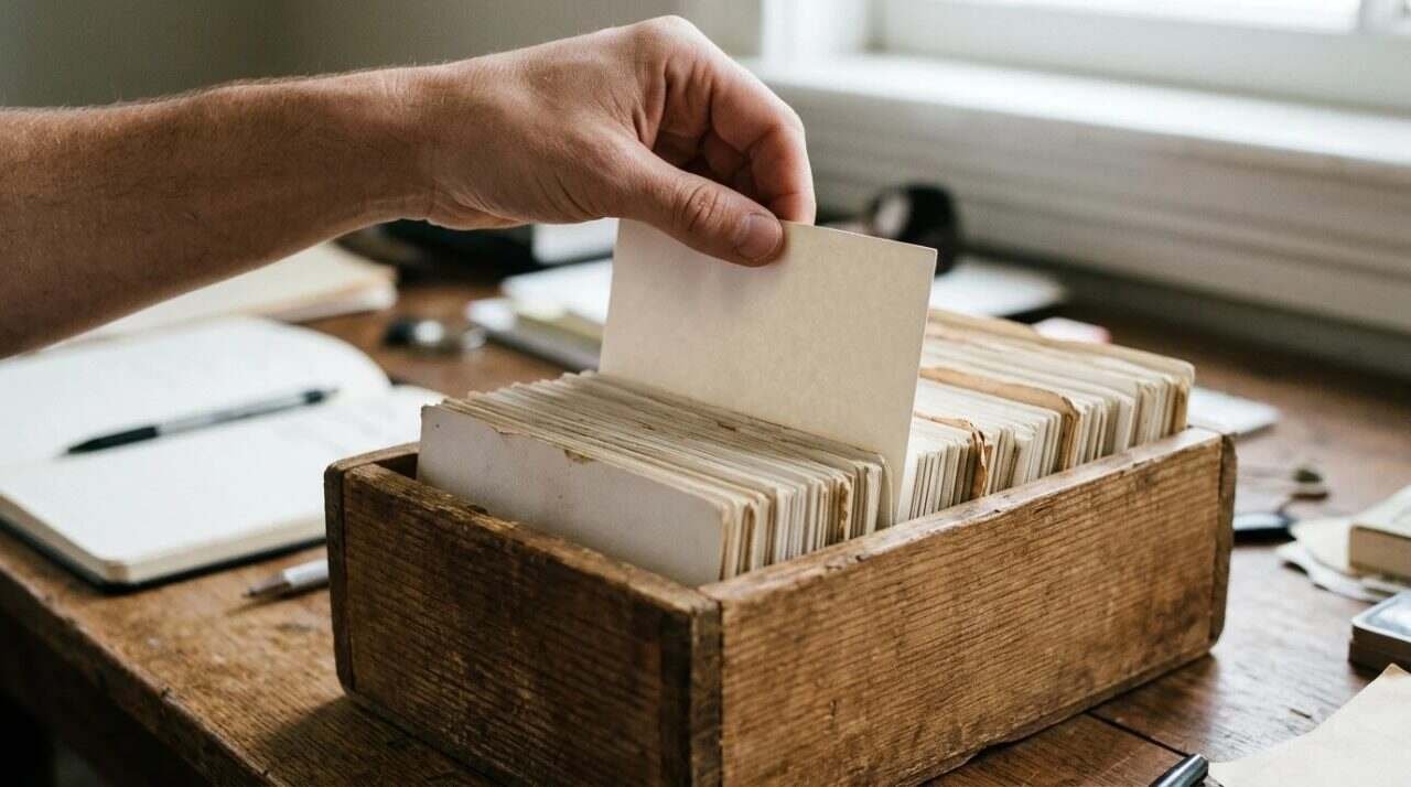 Hand pulling a blank index card from a wooden card box