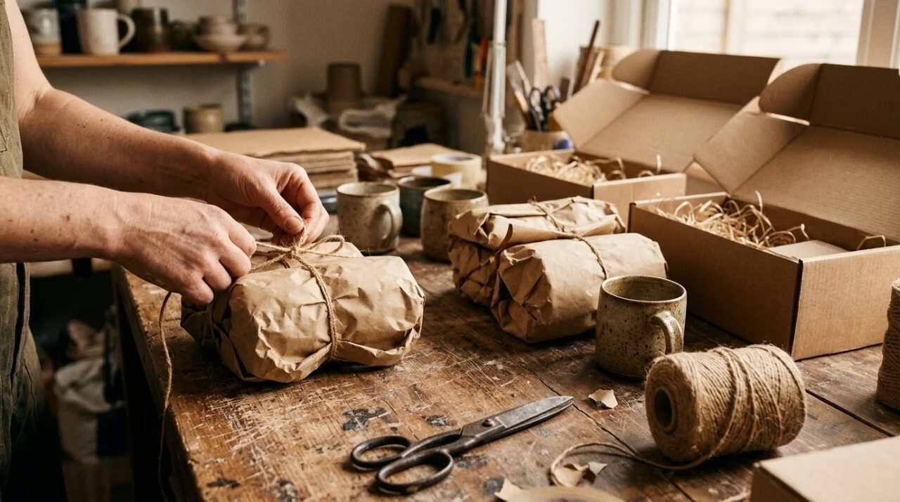Handmade ceramic mugs wrapped in kraft paper beside open shipping boxes on a maker's workbench
