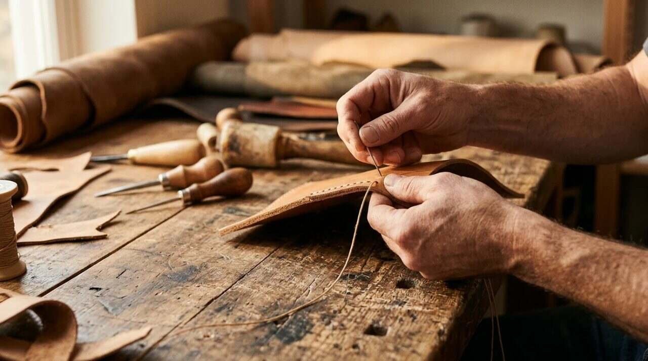 Hands stitching tan leather at a wooden workbench with tools in soft focus