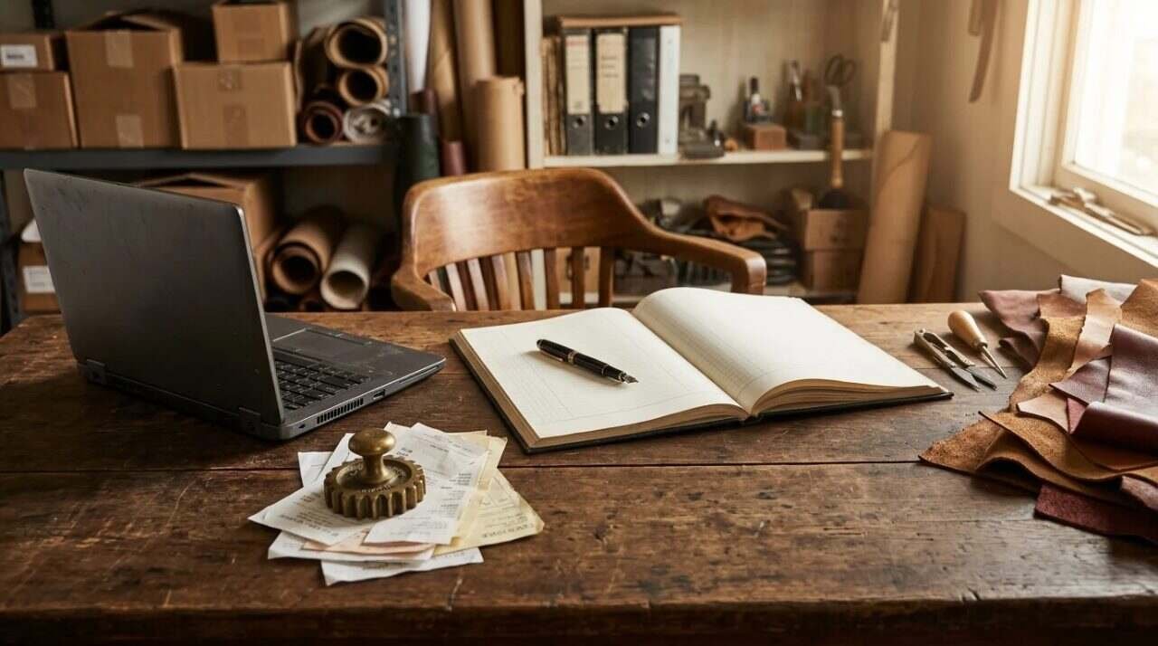A small-shop desk with an open ledger, a pen, receipts under a brass weight and leather offcuts
