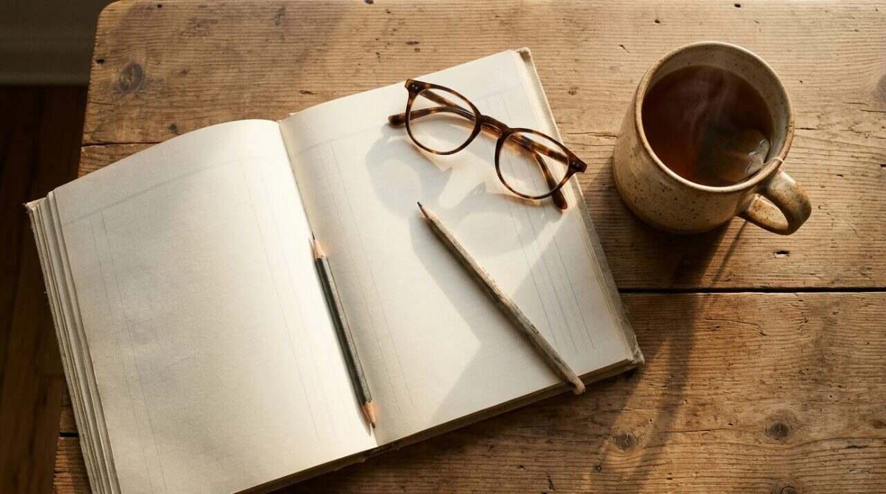 Notebook, pencil and reading glasses on a wooden table where the books are reviewed