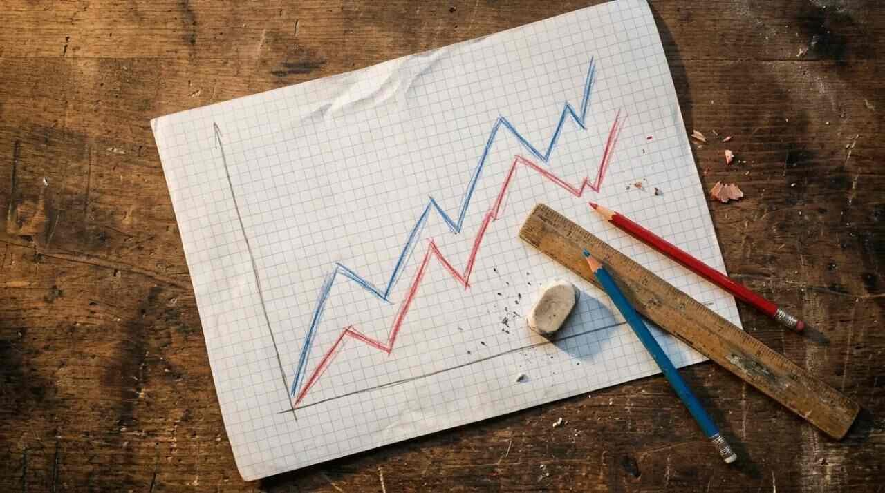 Pencil line graph drawn on graph paper beside a ruler