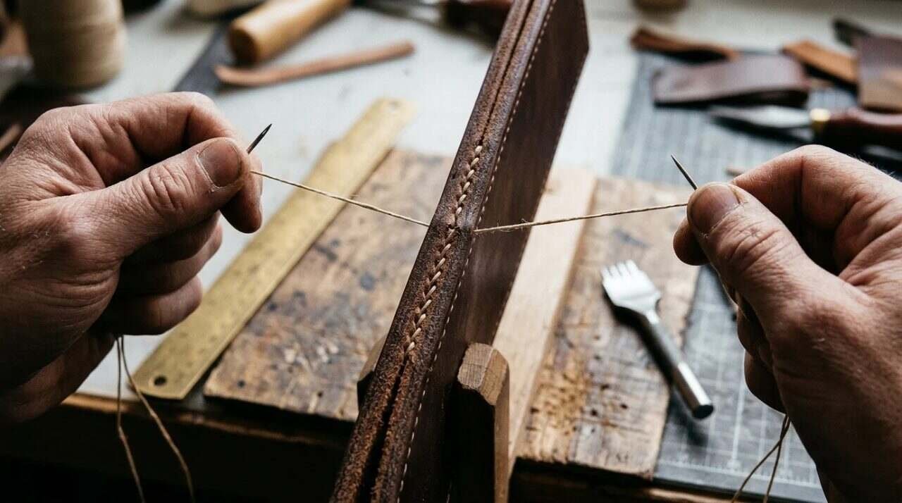 Hands pulling a saddle stitch through thick brown leather