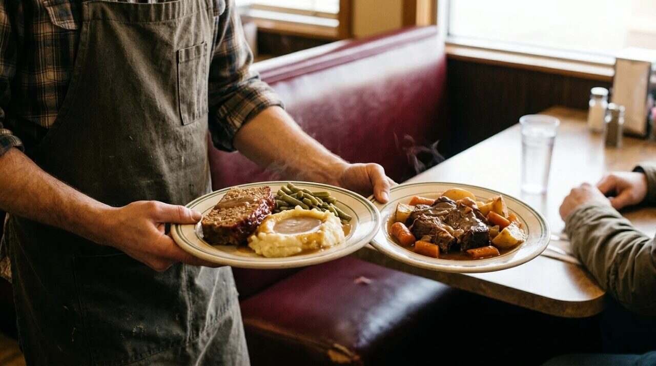A server carrying two plates of a daily special to a diner booth.