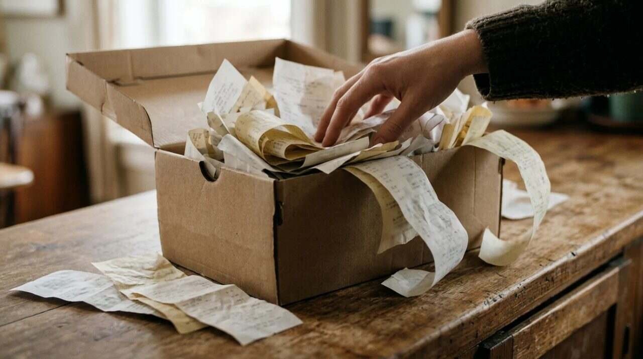 A shoebox of paper receipts on a counter with a hand reaching in
