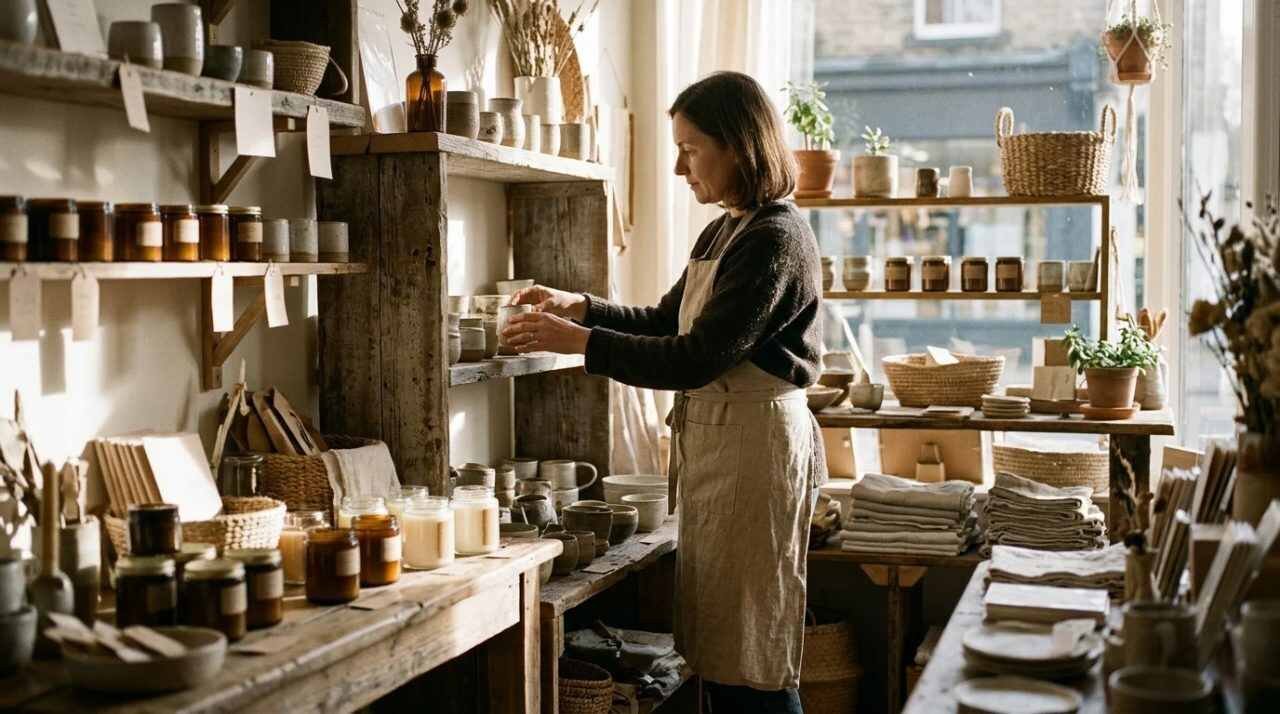 Shopkeeper arranging handmade goods on shelves in a small independent shop