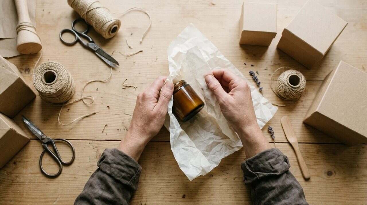 Hands wrapping a small handmade jar in tissue paper for a wholesale order